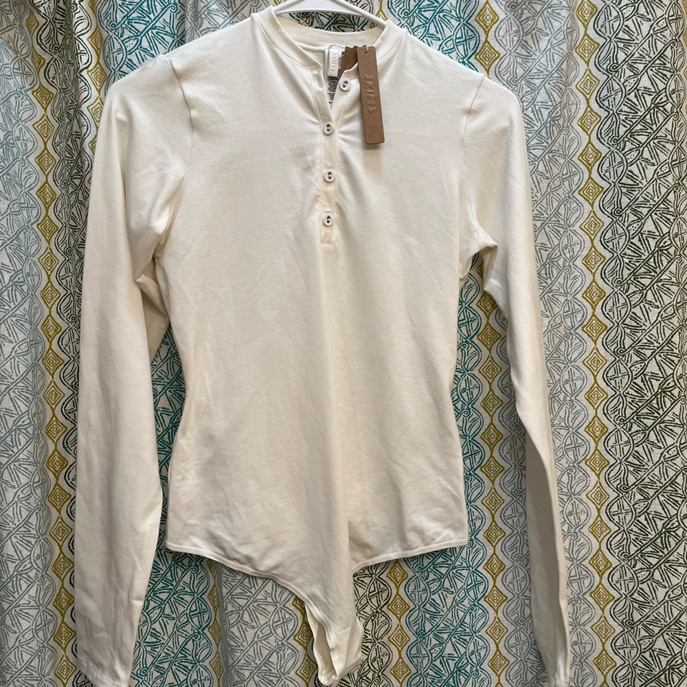Women's White Long Sleeve Henley Top